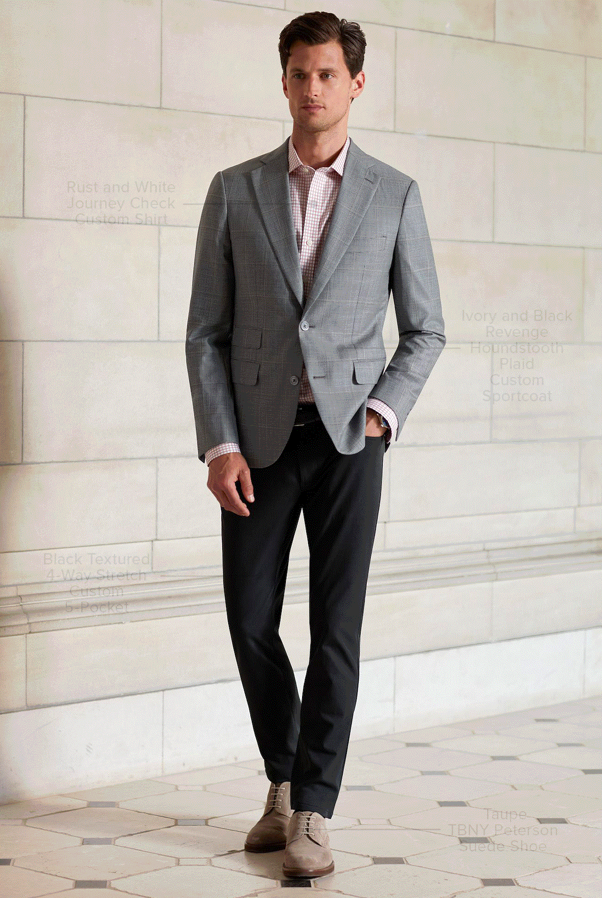 Rust and White Journey Check Custom Shirt. Ivory and Black Revenge Houndstooth Plaid Custom Sportcoat. Black Textured 4-Way Stretch Custom 5-Pocket. Taupe TBNY Peterson Suede Shoe. Business Casual 45.